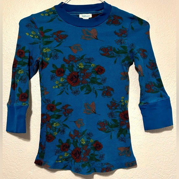 SUNDANCE Sunset Garden Waffle Tee Blue Floral WOMENS SIZE SMALL - Picture 2 of 8